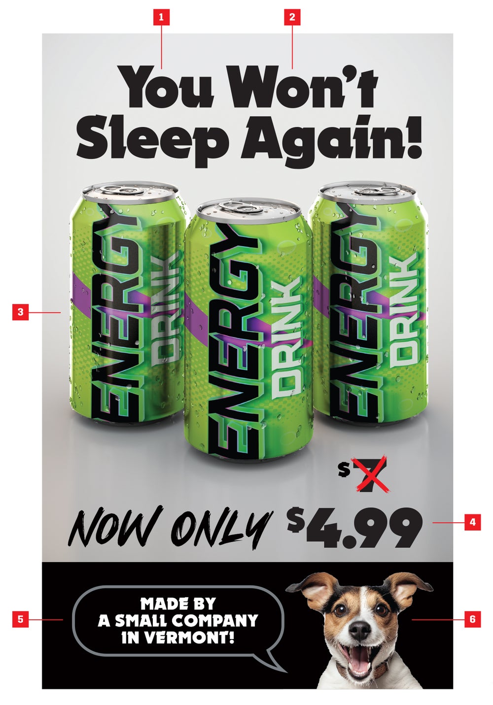 An advertisement for an energy drink featuring three green cans with bold black and purple branding that reads 'ENERGY DRINK.' The headline in large black text says, 'You Won’t Sleep Again!' Below the cans, the price is displayed as 'Now Only $4.99,' with a crossed-out original price. At the bottom, a black box contains white text reading, 'Made by a small company in Vermont!' with a speech bubble effect. A happy dog with an excited expression is also present in the bottom right corner.