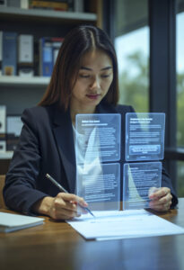 woman evaluating a document with hologram screens in front of her